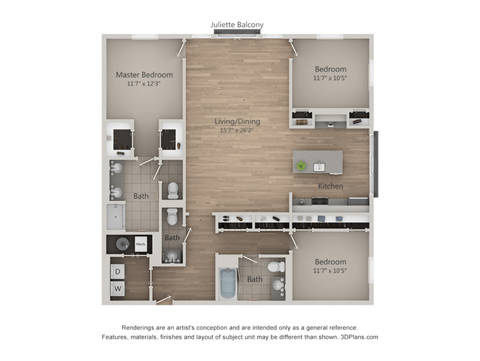 Floor plan for 3 beds, 2.5 baths, 1683 sqft